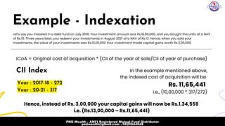 Example - Indexation
Let’s say you invested in a debt fund on July 2018. Your investment amount was Rs.10,00,000, and you bought the units at a NAV

of Rs.10. Three years later, you redeem your investments in August 2021 at a NAV of Rs.13. Hence, when you sold your

investments, the value of your investments was Rs.13,00,000 Your investment made capital gains worth Rs.3,00,000.
ICoA = Original cost of acquisition * (CII of the year of sale/CII of year of purchase)
CII Index
Year : 2017-18 - 272
Year : 20-21 - 317
In the example mentioned above,
the indexed cost of acquisition will be
Rs. 11,65,441
i.e., (10,00,000 * 317/272)
Hence, instead of Rs. 3,00,000 your capital gains will now be Rs.1,34,559
i.e. (Rs.13,00,000 – Rs.11,65,441)
PND Wealth - AMFI Registered Mutual Fund Distributor
pndwealth@gmail.com - 9820944648
 