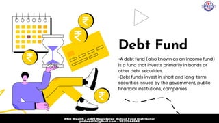 Debt Fund
Page 6
•A debt fund (also known as an income fund)

is a fund that invests primarily in bonds or

other debt securities.
•Debt funds invest in short and long-term

securities issued by the government, public

financial institutions, companies
PND Wealth - AMFI Registered Mutual Fund Distributor
pndwealth@gmail.com - 9820944648
 