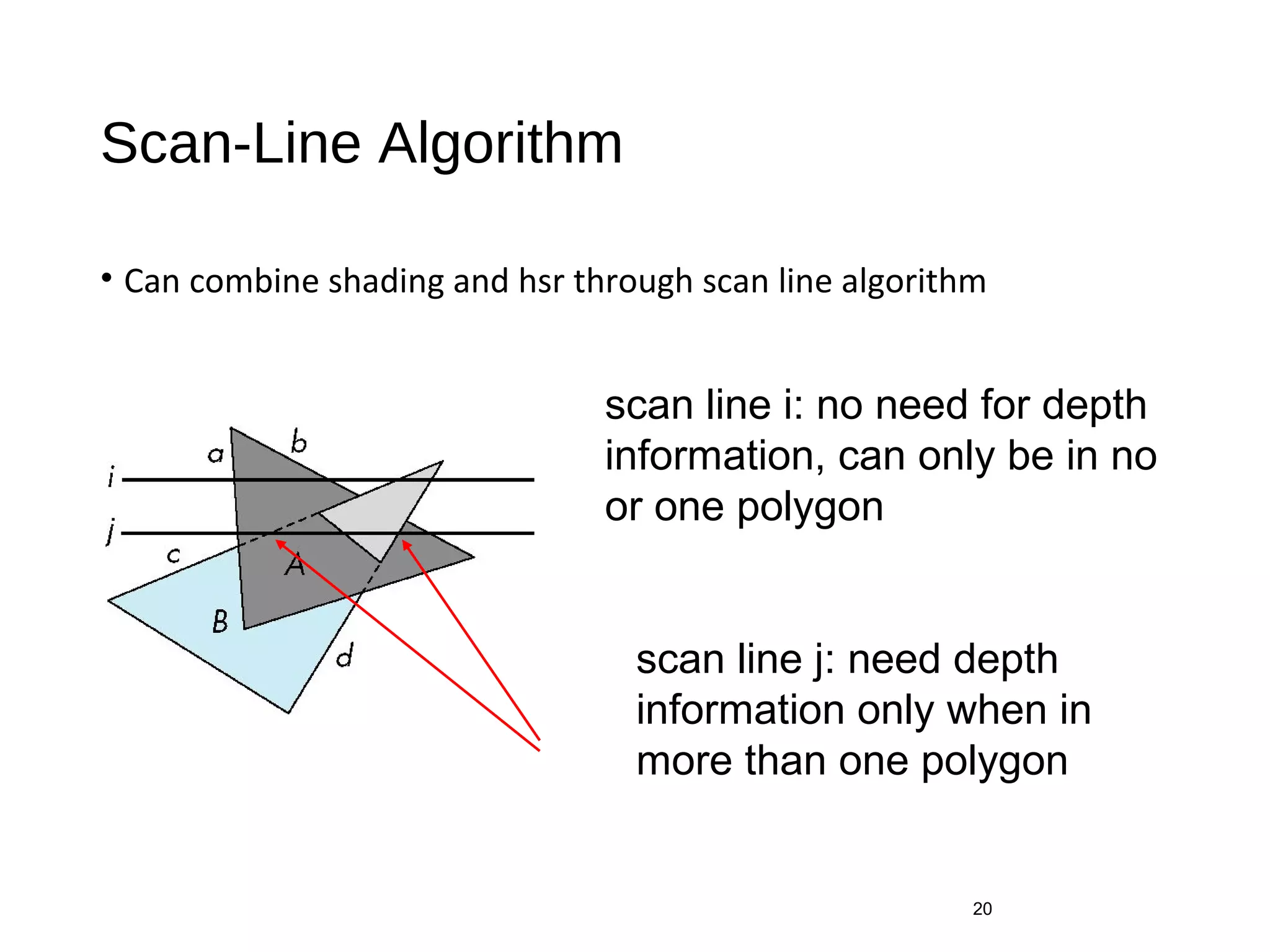 Scan-Line Algorithm
• Can combine shading and hsr through scan line algorithm
20
scan line i: no need for depth
information, can only be in no
or one polygon
scan line j: need depth
information only when in
more than one polygon
 