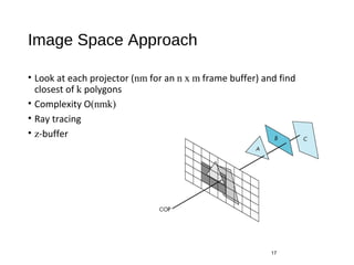 Image Space Approach
• Look at each projector (nm for an n x m frame buffer) and find
closest of k polygons
• Complexity O(nmk)
• Ray tracing
• z-buffer
17
 