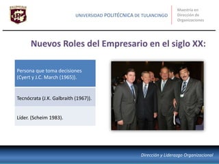 Nuevos Roles del Empresario en el siglo XX:
Maestría en
Dirección de
Organizaciones
UNIVERSIDAD POLITÉCNICA DE TULANCINGO
Dirección y Liderazgo Organizacional
Persona que toma decisiones
(Cyert y J.C. March (1965)).
Tecnócrata (J.K. Galbraith (1967)).
Líder. (Scheim 1983).
 