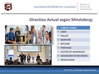 Directivo Actual según Minstzberg:
Maestría en
Dirección de
Organizaciones
UNIVERSIDAD POLITÉCNICA DE TULANCINGO
Dirección y Liderazgo Organizacional
 CABEZA VISIBLE
 LÍDER
 ENLACE
 MONITOR
 DIFUSOR
 PORTAVOZ
 GESTOR DE ANOMALÍAS
 ASIGNADOR DE RECURSOS
 NEGOCIADOR
 