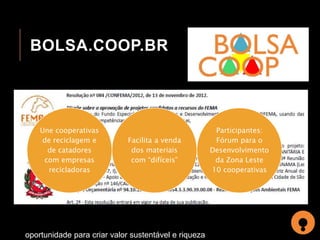 BOLSA.COOP.BR 
Une cooperativas 
de reciclagem e 
de catadores 
com empresas 
recicladoras 
Facilita a venda 
dos materiais 
com “difíceis” 
oportunidade para criar valor sustentável e riqueza 
Participantes: 
Fórum para o 
Desenvolvimento 
da Zona Leste 
10 cooperativas 
 