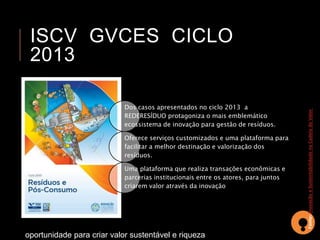 oportunidade para criar valor sustentável e riqueza 
Fonte: Inovação e Sustentabilidade na Cadeia de Valor 
ISCV GVCES CICLO 
2013 
Dos casos apresentados no ciclo 2013 a 
REDERESÍDUO protagoniza o mais emblemático 
ecossistema de inovação para gestão de resíduos. 
Oferece serviços customizados e uma plataforma para 
facilitar a melhor destinação e valorização dos 
resíduos. 
Uma plataforma que realiza transações econômicas e 
parcerias institucionais entre os atores, para juntos 
criarem valor através da inovação 
 