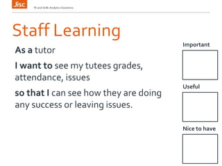 Staff Learning
Important
FE and Skills Analytics Questions
As a tutor
I want to see my tutees grades,
attendance, issues
so that I can see how they are doing
any success or leaving issues.
Useful
Nice to have
 