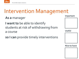 Intervention Management
Important
FE and Skills Analytics Questions
As a manager
I want to be able to identify
students at risk of withdrawing from
a course
so I can provide timely interventions
Useful
Nice to have
 