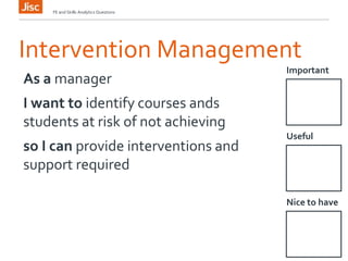 Intervention Management
Important
FE and Skills Analytics Questions
As a manager
I want to identify courses ands
students at risk of not achieving
so I can provide interventions and
support required
Useful
Nice to have
 