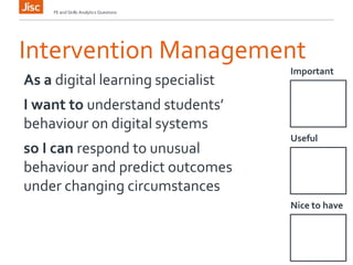 Intervention Management
Important
FE and Skills Analytics Questions
As a digital learning specialist
I want to understand students’
behaviour on digital systems
so I can respond to unusual
behaviour and predict outcomes
under changing circumstances
Useful
Nice to have
 