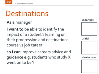 Destinations
Important
FE and Skills Analytics Questions
As a manager
I want to be able to identify the
impact of a student’s learning on
their progression and destinations
course vs job career
so I can improve careers advice and
guidance e.g. students who study X
went on to beY
Useful
Nice to have
 