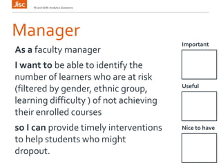 Manager
Important
FE and Skills Analytics Questions
As a faculty manager
I want to be able to identify the
number of learners who are at risk
(filtered by gender, ethnic group,
learning difficulty ) of not achieving
their enrolled courses
so I can provide timely interventions
to help students who might
dropout.
Useful
Nice to have
 