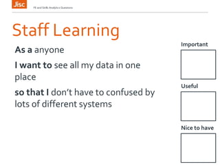Staff Learning
Important
FE and Skills Analytics Questions
As a anyone
I want to see all my data in one
place
so that I don’t have to confused by
lots of different systems
Useful
Nice to have
 