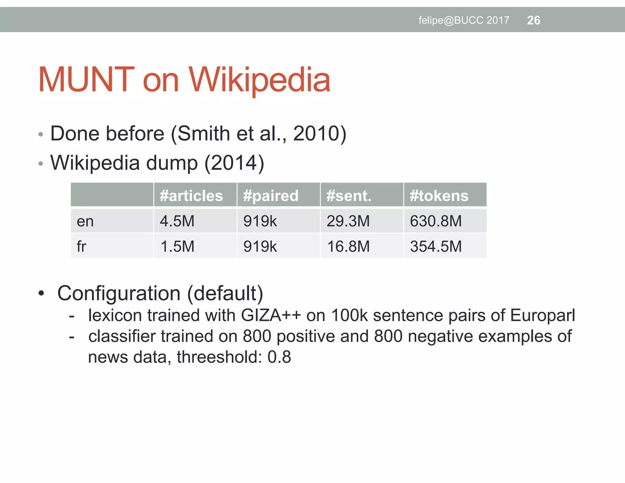 MUNT on Wikipedia
•  Done before (Smith et al., 2010)
•  Wikipedia dump (2014)
felipe@BUCC 2017 26
#articles #paired #sent. #tokens
en 4.5M 919k 29.3M 630.8M
fr 1.5M 919k 16.8M 354.5M
•  Configuration (default)
-  lexicon trained with GIZA++ on 100k sentence pairs of Europarl
-  classifier trained on 800 positive and 800 negative examples of
news data, threeshold: 0.8
 