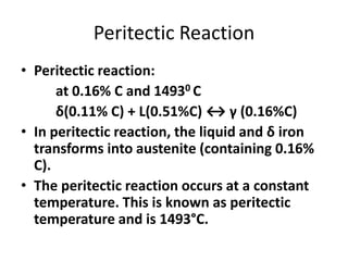 Peritectic Reaction
• Peritectic reaction:
at 0.16% C and 14930 C
δ(0.11% C) + L(0.51%C) ↔ γ (0.16%C)
• In peritectic reaction, the liquid and δ iron
transforms into austenite (containing 0.16%
C).
• The peritectic reaction occurs at a constant
temperature. This is known as peritectic
temperature and is 1493°C.

 
