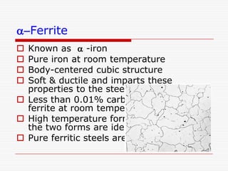 a-Ferrite
Known as a -iron
Pure iron at room temperature
Body-centered cubic structure
Soft & ductile and imparts these
properties to the steel.
 Less than 0.01% carbon will dissolve in
ferrite at room temperature
 High temperature form is d ferrite, but
the two forms are identical.
 Pure ferritic steels are rare





 