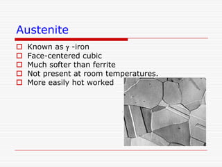 Austenite






Known as g -iron
Face-centered cubic
Much softer than ferrite
Not present at room temperatures.
More easily hot worked

 