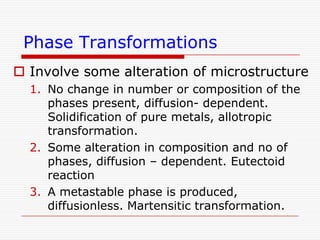 Phase Transformations
 Involve some alteration of microstructure
1. No change in number or composition of the
phases present, diffusion- dependent.
Solidification of pure metals, allotropic
transformation.
2. Some alteration in composition and no of
phases, diffusion – dependent. Eutectoid
reaction
3. A metastable phase is produced,
diffusionless. Martensitic transformation.

 