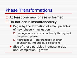 Phase Transformations
 At least one new phase is formed
 Do not occur instantaneously
 Begin by the formation of small particles
of new phase – nucleation
 Homogenous – occurs uniformly throughout
the parent phase.
 Hetrogenous – preferentially at grain
boundaries, impurities, dislocations

 Size of these particles increase in size
until completion - growth

 