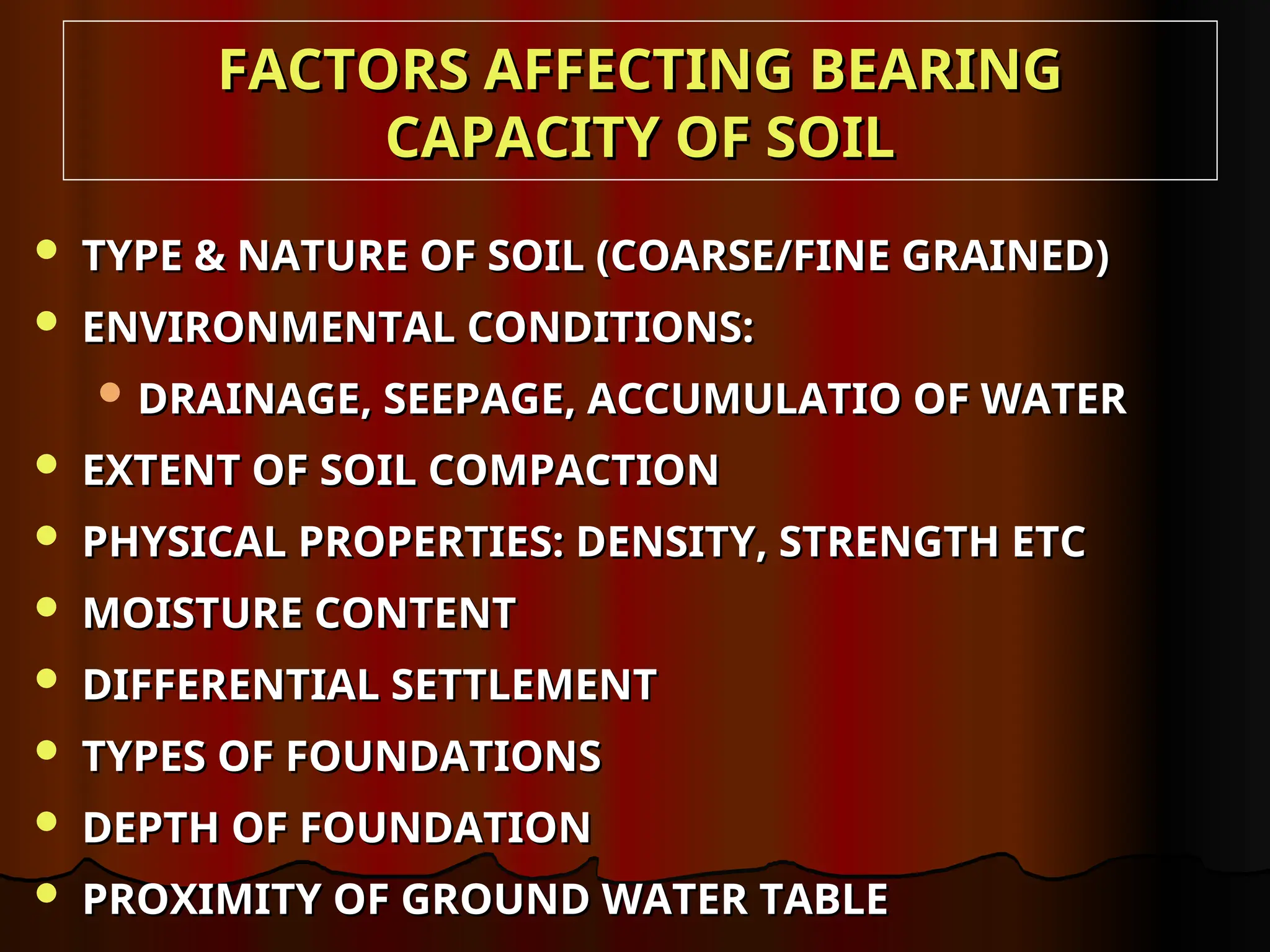 FACTORS AFFECTING BEARING
FACTORS AFFECTING BEARING
CAPACITY OF SOIL
CAPACITY OF SOIL
 TYPE & NATURE OF SOIL (COARSE/FINE GRAINED)
TYPE & NATURE OF SOIL (COARSE/FINE GRAINED)
 ENVIRONMENTAL CONDITIONS:
ENVIRONMENTAL CONDITIONS:
 DRAINAGE, SEEPAGE, ACCUMULATIO OF WATER
DRAINAGE, SEEPAGE, ACCUMULATIO OF WATER
 EXTENT OF SOIL COMPACTION
EXTENT OF SOIL COMPACTION
 PHYSICAL PROPERTIES: DENSITY, STRENGTH ETC
PHYSICAL PROPERTIES: DENSITY, STRENGTH ETC
 MOISTURE CONTENT
MOISTURE CONTENT
 DIFFERENTIAL SETTLEMENT
DIFFERENTIAL SETTLEMENT
 TYPES OF FOUNDATIONS
TYPES OF FOUNDATIONS
 DEPTH OF FOUNDATION
DEPTH OF FOUNDATION
 PROXIMITY OF GROUND WATER TABLE
PROXIMITY OF GROUND WATER TABLE
 
