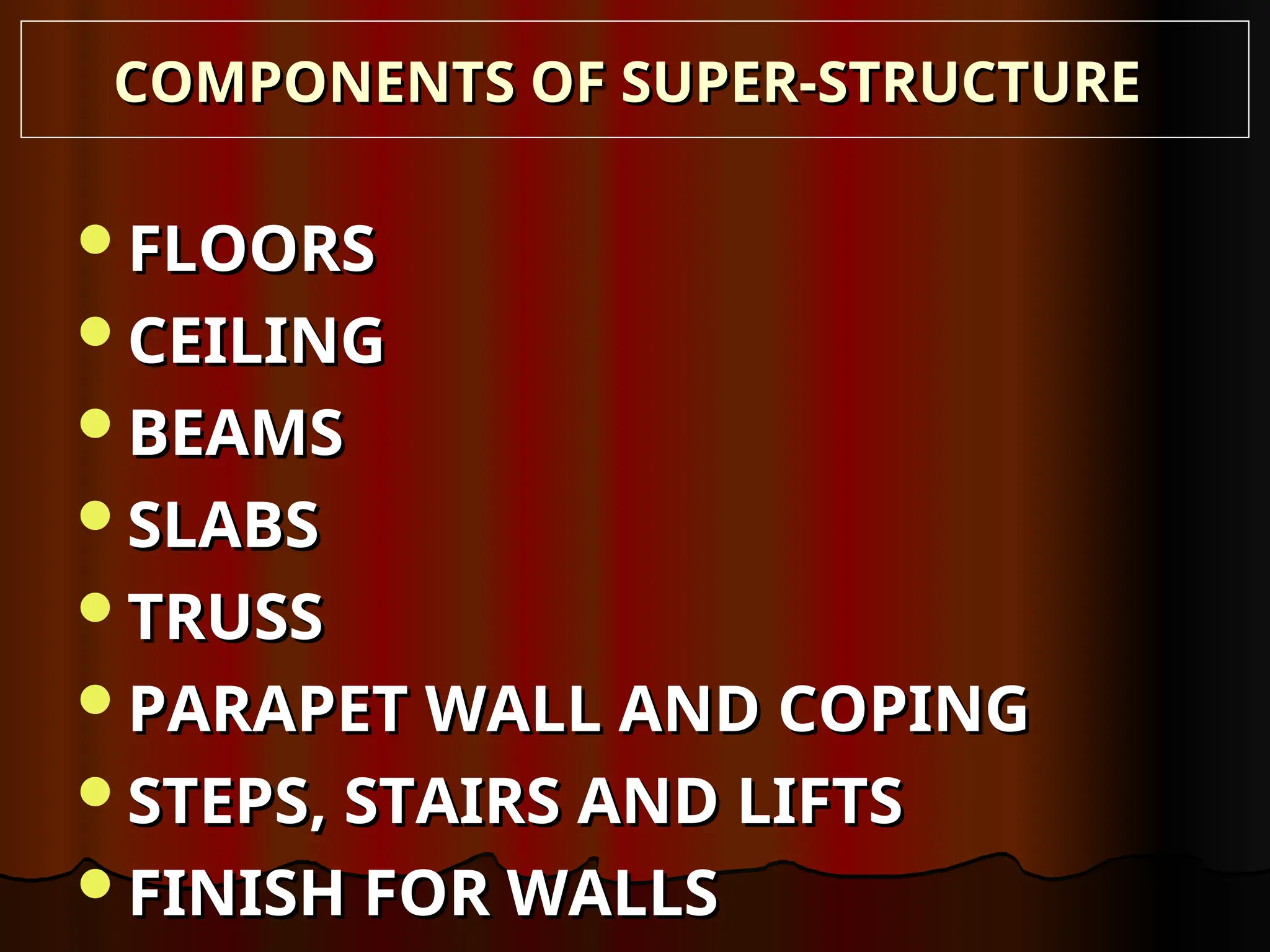 FLOORS
FLOORS
CEILING
CEILING
BEAMS
BEAMS
SLABS
SLABS
TRUSS
TRUSS
PARAPET WALL AND COPING
PARAPET WALL AND COPING
STEPS, STAIRS AND LIFTS
STEPS, STAIRS AND LIFTS
FINISH FOR WALLS
FINISH FOR WALLS
COMPONENTS OF SUPER-STRUCTURE
COMPONENTS OF SUPER-STRUCTURE
 