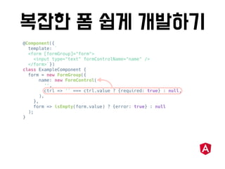@Component({
template: `
<form [formGroup]="form">
<input type="text" formControlName="name" />
</form>`})
class ExampleComponent {
form = new FormGroup({
name: new FormControl(
'',
ctrl => '' === ctrl.value ? {required: true} : null,
),
},
form => isEmpty(form.value) ? {error: true} : null
);
}
 