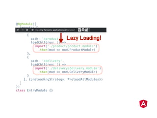 @NgModule({
imports: [
RouterModule.forRoot([
{
path: '/product',
loadChildren: () =>
import('./product/product.module')
.then(mod => mod.ProductModule)
},
{
path: '/delivery',
loadChildren: () =>
import('./delivery/delivery.module')
.then(mod => mod.DeliveryModule)
}
], {preloadingStrategy: PreloadAllModules})
]
})
class EntryModule {}
 