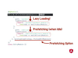 @NgModule({
imports: [
RouterModule.forRoot([
{
path: '/product',
loadChildren: () =>
import('./product/product.module')
.then(mod => mod.ProductModule)
},
{
path: '/delivery',
loadChildren: () =>
import('./delivery/delivery.module')
.then(mod => mod.DeliveryModule)
}
], {preloadingStrategy: PreloadAllModules})
]
})
class EntryModule {}
 