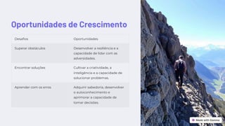 Oportunidades de Crescimento
Desafios Oportunidades
Superar obstáculos Desenvolver a resiliência e a
capacidade de lidar com as
adversidades.
Encontrar soluções Cultivar a criatividade, a
inteligência e a capacidade de
solucionar problemas.
Aprender com os erros Adquirir sabedoria, desenvolver
o autoconhecimento e
aprimorar a capacidade de
tomar decisões.
 