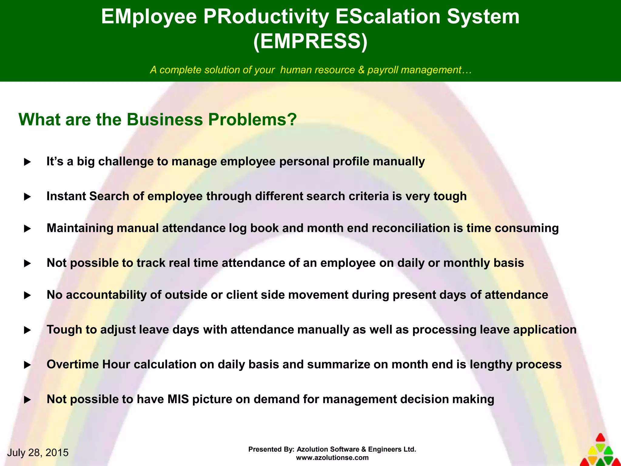 Presented By: Azolution Software & Engineers Ltd.
www.azolutionse.com
July 28, 2015
What are the Business Problems?
EMployee PRoductivity EScalation System
(EMPRESS)
A complete solution of your human resource & payroll management…
 It’s a big challenge to manage employee personal profile manually
 Instant Search of employee through different search criteria is very tough
 Maintaining manual attendance log book and month end reconciliation is time consuming
 Not possible to track real time attendance of an employee on daily or monthly basis
 No accountability of outside or client side movement during present days of attendance
 Tough to adjust leave days with attendance manually as well as processing leave application
 Overtime Hour calculation on daily basis and summarize on month end is lengthy process
 Not possible to have MIS picture on demand for management decision making
 