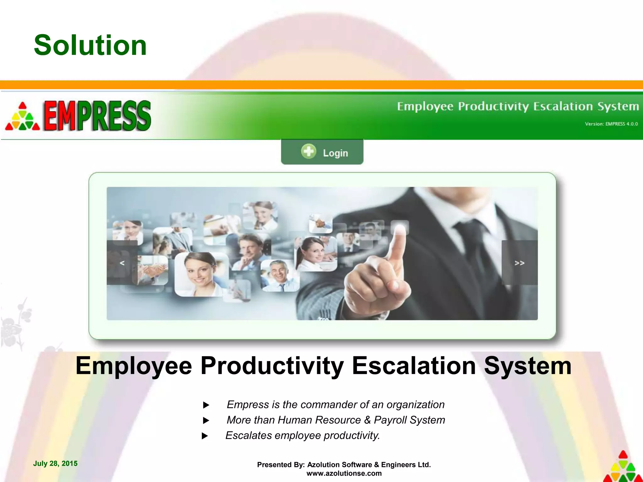 Presented By: Azolution Software & Engineers Ltd.
www.azolutionse.com
July 28, 2015
Solution
July 28, 2015
Employee Productivity Escalation System
 Empress is the commander of an organization
 More than Human Resource & Payroll System
 Escalates employee productivity. f
 