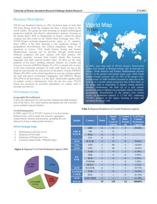 University of Piraeus Investment Research Challenge Student Research 27/1/2011
2
Business Description
TITAN was founded in Greece in 1902. Its history spans in more than
100 years during which the company has been a strong player in the
Greek market. The group has been investing on modern technological
production methods and effective administrative patterns, focusing on
the human factor. With its headquarters in Greece –where the parent
company has been listed on the Athens Stock Exchange since 1912–
TITAN Group‟s vertically integrated activity spans in 12 countries.
Since 1990‟s, it has been pursuing a twin expansion strategy of
geographical diversification and vertical integration; today, it has
operations in Greece, USA, South Eastern Europe and Eastern
Mediterranean carrying out its activities through wholly-owned
affiliated companies and joint ventures with other partners. The
company generates revenues from Cement, Ready Mix Concrete,
Aggregate and other material product Sales. All three are the main
products of the heavy building materials industry are Cement and
Concrete. Concrete (EBITDA Margin 5%-15%) is second only to water
as the most consumed substance on earth, with nearly one ton of the
material used annually for each person on the planet. Cement (EBITDA
Margin 30%-40%) is the critical ingredient in concrete, locking together
the sand and gravel constituents (Aggregates with EBITDA Margin
10%-30%) in an inert matrix; it is the „glue‟ which holds together much
of modern society‟s infrastructure. Over the last few years, TITAN
Group has increased its economic dependence on cement, both in
earnings and turnover.
TITAN Business Strategy
Geographic Diversification
It gives the opportunity for sales growth, mitigates the high transport
cost of this heavy, low-value material and spreads the risk of decline
across multiple regional markets.
Vertical Integration
In 2009, some 41% of TITAN‟s Turnover is in non-cement
products sales, such as ready-mix concrete, aggregates,
cement blocks, mortars and porcelain, spreading the risk
inherent in being a single product business.
TITAN Strategic Goals
 Maintaining Cash Flow Level
 Reduction of Net Debt
 Reduction of Production Costs
 Limiting Capital Needs - Withold Capex
Region Country Plants
Ready
Mix
Concrete
Stations
Cement
Distr.
Termin
als
% of Total
Cement
Production
Capacity
GRE &
W.EUR.
GRE 4 31 5 29.66%
UK 0 0 1
FRA 0 0 1
ITA 0 0 1
SUM W.EUR. 4 31 8 29.66%
USA USA 2 96 3 14.83%
SUM USA 2 96 3 14.83%
S.E.
EUR.
ALB 2 0 2 6.36%
SER 1 0 0 5.93%
KOS 1 0 0 2.54%
FYROM 1 1 0 3.39%
BULG 1 6 0 5.51%
SUM S.E.EUR. 6 7 2 23.73%
EASTER
N MED.
TUR 1 0 1 10.59%
EGY 2 1 0 21.19%
SUM EAST.MED 3 1 1 31.78%
TOTAL 15 135 14 100.00%
Figure 4: Regional % of Total Production Capacity 2009
Table 2: Regional Breakdown of Cement Production capacity
USA
In 2009, more than half of TITAN Group‟s Non-Current
Assets were located in Western Europe, and in most part in
Greece. North America and Eastern Mediterranean account
for 1/5 of the group‟s non-current assets each, while South
Eastern Europe accounts only for 10% of the group‟s non-
current assets. In 2008 EastMed increased its share due to the
built up of a second cement production line in Beni Suef, as
the group aims at responding to Egypt‟s strong domestic
demand. Furthermore, the built up of a new cement
production plant in Albania was concluded, which will further
geographical diversification of the group‟s non current
Assets. Its production capacity is 1.5 mil. MT., enhancing
TITAN‟s presence in the region, boosting its Sales and
spreading the group‟s risk.
In 2009, more than half of TITAN Group‟s Non-Current
Assets were located in Western Europe, and in most part in
Greece. North America and Eastern Mediterranean account
for 1/5 of the group‟s non-current assets each, while South
Eastern Europe accounts only for 10% of the group‟s non-
current assets. In 2008 we note a significant increase in
Eastern Mediterranean‟s share due to the built up of a second
cement production line in Beni Suef, as the group aims at
responding to Egypt‟s strong domestic demand. Furthermore,
the built up of a new cement production plant in Albania was
concluded, which will rise the share of South Eastern Europe
in the group‟s non current Assets. Its production capacity is
1.5 mil. MT., enhancing TITAN‟s presence in the region and
boosting its Sales.
2
 
