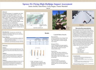 Abstract:
The proposed project is a regulation size snow
halfpipe covering approximately 2,437.5m2
located in the spruce-fir region of forest (see
Map). The project would include the regulation
size halfpipe, a small lodging area and parking
lot, as well as roadways to and from the
recreational area. The estimated impacts of the
proposed project are outlined here.
The area of interest for the half pipe is densely
populated with trees and fallen timber. Location
of potential lodge/parking site is located near an
existing camp ground. Map of Fall Creek Half Pipe Site
Spruce Fir Flying High Halfpipe Impact Assessment
Justin Arnold, Anne Klotz, Corey Regan, Tanner Marshall
NR220
Introduction: The project area is in the Fall Creek
Watershed at an approximate elevation of 2,975m. The area is
dominated by Picea engelmanii, Abies lasiocarpa, and an array of
resistant shrubs, forbs, and grasses.
Project Objectives:
• Assess impact of proposed development on vegetation, soils,
wildlife, and hydrology, especially within the riparian area.
• Estimate area of forest to be cleared.
• Consider effects of the proposed project on soil compaction
and infiltration, stream functioning, and impacts on the road.
Methods:
Method 1:
We estimated the area of forest to be cleared based on size of the
regulation half pipe, a small warming lodge with restrooms, a 100-
car parking lot, and road access that would all need to be cleared of
trees.
Method 2:
We used the Proper Functioning Condition assessment sheet to
evaluate stream condition at the present time. We performed a
qualitative assessment of hydrologic function, vegetative diversity
and vigor, and the status of erosion and deposition within the
riparian area.
Method 3:
We measured soil compaction and infiltration at two sites. The first
site was undisturbed soil and the second site was located in an
established camp site with disturbed soil. Compaction was
measured using a soil penetrometer in tons/ft2
. Infiltration was
measured using a soil infiltrometer in cm/min.
Results
Conclusions:
The three largest environmental impacts of the proposed project are: -
-Decreased soil quality resulting in increased runoff, erosion, and
sediment deposition in the watershed
-Removal of 29,308 tons of biomass resulting in extensive habitat loss
for wildlife
-Decreased watershed function resulting from increased overland flow,
decreased interception, and decreased infiltration rates
Based on our preliminary research and observations, we recommend against
the construction of a half pipe or lodge.
Discussion/Recommendations
Our proposal is against the building of the half pipe. Table 1
shows the difference between the two sites on rate of infiltration
and soil compaction. The rate of infiltration was higher at the half
pipe site compared to the lodge/parking lot site. Reversely, soil
compaction was higher for the lodge/parking lot site than that of
the half pipe site. We observed that the site we planned to have
the lodge/parking lot was already in use for camping. Based on
these observations we can conclude that the half pipe site will
end up with a lower infiltration rate and higher soil compaction.
The use of Leopold Matrix made it apparent that the installation
of a half pipe would be detrimental to all existing aspects of the
land excluding recreation. Forest clearing would be necessary to
make room for the half pipe and lodge. Water alteration would be
necessary for snow production and would diminish the riparian
habitat. Excavation of the land for the lodge complex would have
a negative effect on the soil condition such as increasing
compaction which would result in increased erosion.
Star: Half Pipe Location
Rectangle: Lodge/Parking
lot site
Our Recommendation
•Leave the area as it is or risk:
• Increased erosion and runoff
• Loss of wildlife
• Loss of natural vegetation
• Lower infiltration rate
• Higher soil compaction
• Increased sedimentation in the watershed
Figure 2
• Table 1 and Figure 2 are soil
infiltration and soil compaction data
collected from the Half Pipe site and
Lodge/Parking lot site being
assessed
Leopold Matrix Results
Physical Effects:
•Overall the greatest area of impact from
the proposed project would be soil and
water, with impact to streams being the
most extreme
Biological Effects:
•Forest clearing had the largest negative
impact on wildlife and fauna, followed by
water alteration caused by increased
erosion and diversions
Social Effects:
•This project most likely would have a
positive effect on the land with increased
tourism and recreation to the area
•The aesthetic value of the wilderness may
be decreased
Ecosystem Effects:
•Across the board, all construction
operations used to build the half pipe
would impact the ecosystem quality and
function
Photo
Courtesy of
Tanner
Marshall
Photo Courtesy
of Nytimes.com
 