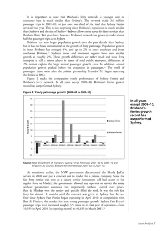 Issue Analysis 
It is important to note that Brisbane’s ferry network is younger and its
consumer base is much smaller than Sydney’s. The network made 3.6 million
passenger trips in 2001–02, or just over one-third of the load that Sydney Ferries
serviced that year. This is not surprising since Brisbane’s population is much smaller
than Sydney’s and the size of Sydney Harbour allows more scope for ferry services than
Brisbane River. Ten years later, however, Brisbane’s network has grown to make almost
half the passenger trips as in Sydney.
Brisbane has seen larger population growth over the past decade than Sydney,
but it has not been instrumental in the growth of ferry patronage. Population growth
in inner Brisbane has averaged 4%, and up to 2% in inner southeast and inner
northwest Brisbane.15
Sydney’s inner and innerwest regions have seen smaller
growth at roughly 2%. These growth differences are rather small and since ferry
transport is still a minor player in terms of total public transport, differences of
2% cannot explain the large annual passenger growth rates. In addition, annual
population growth peaked before the expansion in passengers.16
The swell of
passengers came soon after the private partnership TransdevTSL began operating
the ferries in 2003.
Figure 2 tracks the comparative yearly performance of Sydney Ferries and
Brisbane’s ferry network. In all years except 2009–10, Brisbane’s ferries growth
record has outperformed Sydney.
Figure 2: Yearly patronage growth (2001–02 to 2009–10)
Source: NSW Department of Transport, Sydney Ferries Patronage 2001–02 to 2009–10 and
Brisbane City Council, Brisbane Ferries Patronage 2001–02 to 2009–10.
As mentioned earlier, the NSW government discontinued the Manly JetCat
service in 2008 and put a contract out to tender for a private company. Since the
fast ferry service was seen as a luxury service (consumers still had access to the
regular ferry to Manly), the government allowed any operator to service the route
without government assistance but importantly without control over prices.
Bass  Flinders won the tender and quickly filled the void. It was the sole fast
ferry for almost 18 months until the contract was given to Sydney Fast Ferries.
Ever since Sydney Fast Ferries began operating in April 2010 in competition with
Bass  Flinders, the market has seen strong passenger growth. Sydney Fast Ferries’
passenger trips have increased roughly 3.5 times in its first year of operation—from
10,555 in April 2010 (its opening month) to 46,635 in March 2011.16
In all years
except 2009–10,
Brisbane’s
ferries growth
record has
outperformed
Sydney.
 