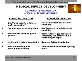 Raising Capital for Medical Device Development
21
MEDICAL DEVICE DEVELOPMENT
FINANCIAL VENTURE
•  Exit Value based on ‘future
profit generation’
•  Use Proceeds to drive growth
•  Venture has revenue, profit,
growth
•  Profitability-Driven Acquisition
•  Sale limited by profit-
generating capability
STRATEGIC VENTURE
•  Exit Value based on ‘asset or
capability’
•  Use Proceeds to build asset or
capability
•  Venture leverages acquirer’s
operation; too costly or time-
consuming to copy
•  Synergy-Driven Acquisition
•  Sale limited by business synergy
effect
CORPORATE VALUATION
of EARLY STAGE VENTURE
© 2013 Product Development Technology, Inc.
 