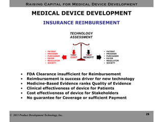 Raising Capital for Medical Device Development
26
MEDICAL DEVICE DEVELOPMENT
•  FDA Clearance insufficient for Reimbursement
•  Reimbursement is success driver for new technology
•  Medicine-Based Evidence ranks Quality of Evidence
•  Clinical effectiveness of device for Patients
•  Cost effectiveness of device for Stakeholders
•  No guarantee for Coverage or sufficient Payment
© 2013 Product Development Technology, Inc.
INSURANCE REIMBURSEMENT
BENEFITCOST
TECHNOLOGY
ASSESSMENT
• PATIENT
• PROVIDER
• PURCHASER
• PAYER
• REGULATOR
• SOCIETY
• PATIENT
• PROVIDER
• PURCHASER
• PAYER
• REGULATOR
• SOCIETY
 