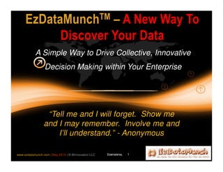 “Tell me and I will forget. Show me
and I may remember. Involve me and
I’ll understand.” - Anonymous
EzDataMunchTM – A New Way To
Discover Your Data
A Simple Way to Drive Collective, Innovative
Decision Making within Your Enterprise
1www.ezdatamunch.com | May 2015 | © Winnovation LLC
 