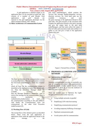Pankti Dharwa/ International Journal of Engineering Research and Applications
                           (IJERA) ISSN: 2248-9622 www.ijera.com
                            Vol. 2, Issue 4, July-August 2012, pp.972-976
            A grid application is defined simply as an       grid head node(Manager), which contains the
   application that is to be executed on agrid and that      services like message handler/dispatcher services,
   consists of a number of grid threads. Grid                directory services, etc. Grid head node see the
   applications       and      grid     threads     are      available           resources,      and        send
   exposed to the grid application developer via the         the query message or the application thread to other
   object-oriented Alchemi .NET API[4].                      grid node. The grid executor or the execution node
3.1 Basic Architecture of Communication System               compute the application thread or the query message
                                                             and give the output back to the grid head
                                                             node(Manager), and that node collect the output of
                                                             from all other grid execution node and combine it to
                                                             gather as one and give it back to the application
                                                             client or the user.




     Figure 1. Basic Architecture of Communication
                                                                       Figure 2. Normal Flow of Grids
                         System
                                                             4. PROPOSED ALGORITHM AND
                                                                METHODS
                                                             4.1 Optimization of Light-Weight
   The basic architecture of the communication system            Communication
   is as described below. The user application is send to
   the Grid head node(Manager), which has container          Optimize communication services is essentially any
   in                                                        type of semantics associated with communication
   which all layer for the communication system is           beyond the simple, reliable unicast, transfer of data
   described as the Application mode llike ,thread, task,    from point A to point B, or even the multicast of
   etc. Then the Allocation Manager check the                data from one to many [7].
   available               resources                  and
   then the Message Handler/or Dispatcher, send or           There are several ways to Optimize the Light-
   receive the message for the communication. There is       Weight Communication.some ways are,
   security               mechanism                  like,
   Authentication,Authorization      is     used       for          Using multiple networks in parallel
   the communication according to the gird protocol.
                                                                    Simplifying LAN-wide host naming
   And finally the Communication layer can
   communicate to the other Grid Execution
                                                                    Simplifying communication protocol
   node(Executor) [9].
                                                                    Avoiding temporary buffering of messages
   3.2 Working Flow of Grids

   The normal flow of the Alchemi grid is as described              Pipelined communication path
   below. There is/are the user application or
                                                                    Avoid system calls for communication
   application client sends the application thread or the
   query            message              to           the


                                                                                                  973 | P a g e
 