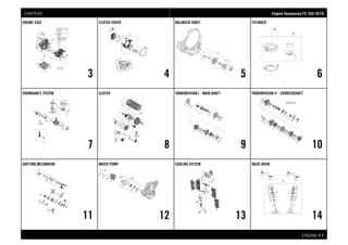 ENGINE # 11
ENGINE CASE
3
CLUTCH COVER
4
BALANCER SHAFT
5
CYLINDER
6
CRANKSHAFT, PISTON
7
CLUTCH
8
TRANSMISSION I - MAIN SHAFT
9
TRANSMISSION II - COUNTERSHAFT
10
SHIFTING MECHANISM
11
WATER PUMP
12
COOLING SYSTEM
13
VALVE DRIVE
14
EEnnggiinnee HHuussqqvvaarrnnaa FFEE 225500 22001188CONTENT
 