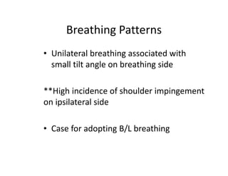 Breathing Patterns
• Unilateral breathing associated with
small tilt angle on breathing side
**High incidence of shoulder impingement
on ipsilateral side
• Case for adopting B/L breathing
 