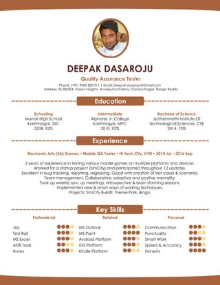 DEEPAK DASAROJU
Quality Assurance Tester
Phone: (+91) 9000 800 917 | Email: Deepak.dasaroju@Gmail.com
Address: 06-58/504, Vasavi Heights, Annapurna Colony, Canara Nagar, Ranga Reddy
Schooling
Manair High School
Karimnagar, SSC
2008, 92%
Intermediate
Alphores Jr. College
Karimnagar, MPC
2010, 92%
Bachelor of Science
Jyothishmathi Institute Of
Technological Sciences, CSE
2014, 73%
Electronic Arts (EA) Games  Mobile QA Tester  Hi-tech City, HYD  2014 Jul – 2016 Sep
2 years of experience in testing various mobile games on multiple platforms and devices.
Worked for a startup project (SimCity) and participated throughout 12 updates.
Excellent in bug tracking, reporting, regressing. Good with creation of test cases & scenarios.
Team management. Collaborative, adaptive and positive mentality.
Took up weekly sync up meetings, retrospective & brain storming sessions.
Implemented new & smart ways of working techniques.
Projects: SimCity BuildIt, Theme Park, Bingo.
Professional
Jira
Test Rail
MS Excel
ADB Tools
Itunes
Related
MS Outlook
MS Paint
Android Platform
iOS Platform
Kindle Platform
Personal
Communication
Punctuality
Smart Work
Speed & Accuracy
Honesty
Key Skills
Experience
Education
 