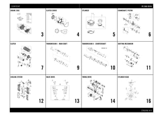 ENGINE # 11
ENGINE CASE
3
CLUTCH COVER
4
CYLINDER
5
CRANKSHAFT, PISTON
6
CLUTCH
7
TRANSMISSION I - MAIN SHAFT
9
TRANSMISSION II - COUNTERSHAFT
10
SHIFTING MECHANISM
11
COOLING SYSTEM
12
VALVE DRIVE
13
TIMING DRIVE
14
CYLINDER HEAD
16
FFEE 335500 22001166CONTENT
 
