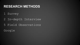 RESEARCH METHODS
1 Survey
2 In-depth Interview
5 Field Observations
Google
 