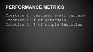 PERFORMANCE METRICS
Creative 1: customer email capture
Creative 2: # of attendees
Creative 3: # of sample inquiries
 