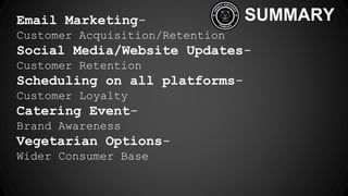 SUMMARYEmail Marketing-
Customer Acquisition/Retention
Social Media/Website Updates-
Customer Retention
Scheduling on all platforms-
Customer Loyalty
Catering Event-
Brand Awareness
Vegetarian Options-
Wider Consumer Base
 