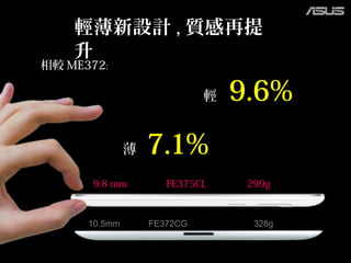 9.8 mm FE375CL 299g
10.5mm FE372CG 328g
輕薄新設計 , 質感再提
升
相較 ME372:
輕 9.6%
薄 7.1%
 