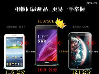 Samsung Tab3 7 Lenovo A1000
10.4mm 15.4mm7.25mm
FE375CL
12.1 公分
10.9 公分
11.6 公分
相較同級 品產 , 更易一手掌握
 