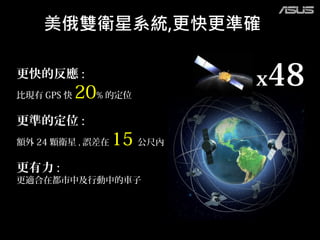 x48更快的反應 :
比現有 GPS 快 20% 的定位
更準的定位 :
額外 24 顆衛星 , 誤差在 15 公尺內
更有力 :
更適合在都市中及行動中的車子
 