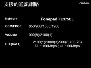 支援的通訊網路
Network Fonepad FE375CL
GSM/EDGE 850/900/1800/1900
WCDMA 900(8)/2100(1)
LTE(Cat.4)
2100(1)/1800(3)/900(8)700(28)
DL : 150Mbps ; UL : 50Mbps
 
