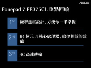 2nd
3rd
1st
Fonepad 7 FE375CL 重點回顧
極窄邊框設計 , 方便 一手掌握你
64 位元 ,4 核心處理器 , 給 極效的效你
能
4G 高速傳輸
 