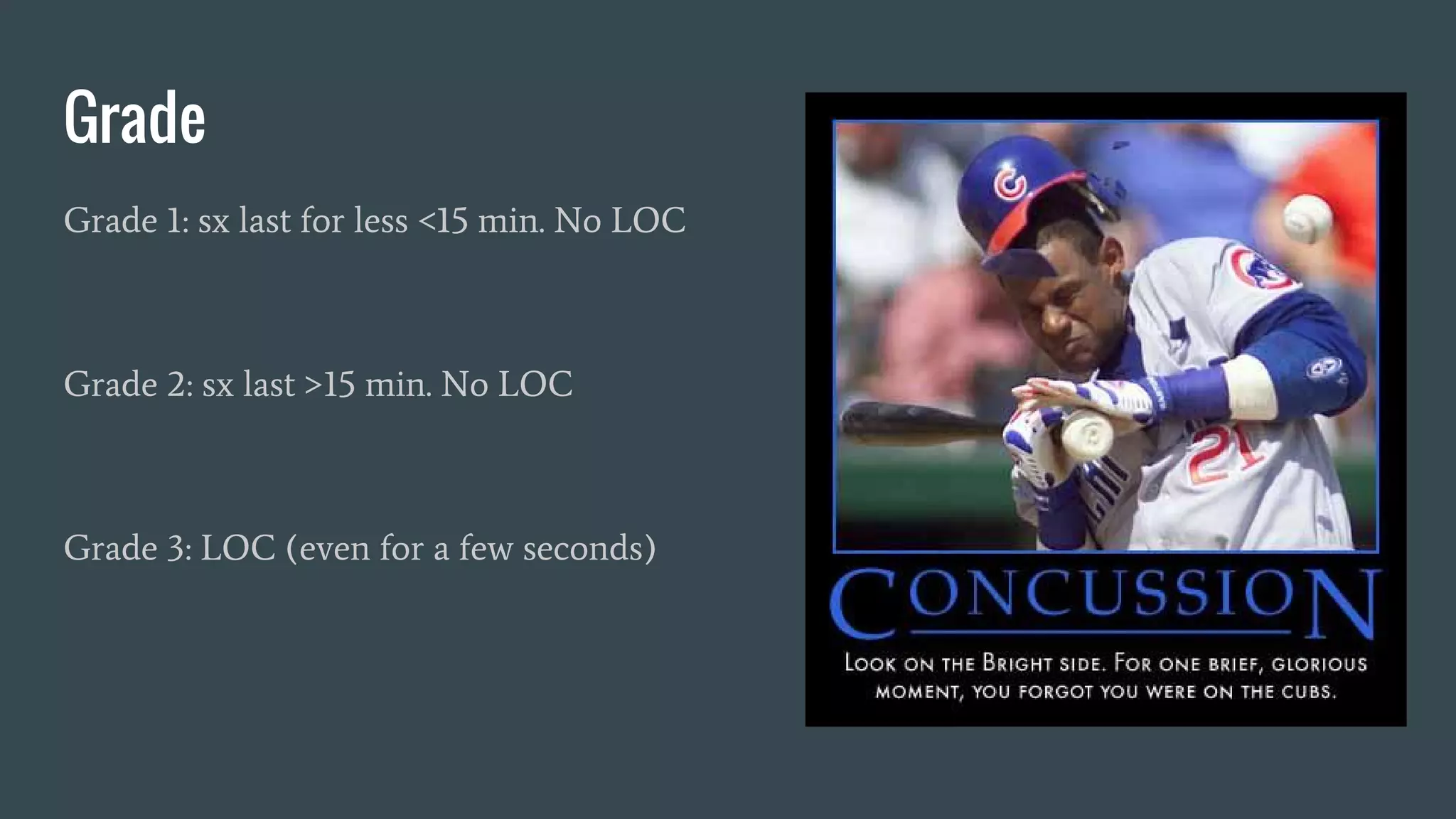 Grade
Grade 1: sx last for less <15 min. No LOC
Grade 2: sx last >15 min. No LOC
Grade 3: LOC (even for a few seconds)
 