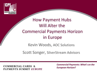 Commercial Payments: What’s on the
European Horizon?
Name of Presenter
Organization
Session Title Goes Here
How Payment Hubs
Will Alter the
Commercial Payments Horizon
in Europe
Kevin Woods, AOC Solutions
Scott Songer, SilverStream Advisors
COMMERCIAL CARDS &
PAYMENTS SUMMIT EUROPE
 